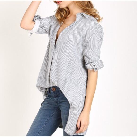 Free People On The Road Blue White Striped Popover Tunic Top Size Large - Picture 1 of 12